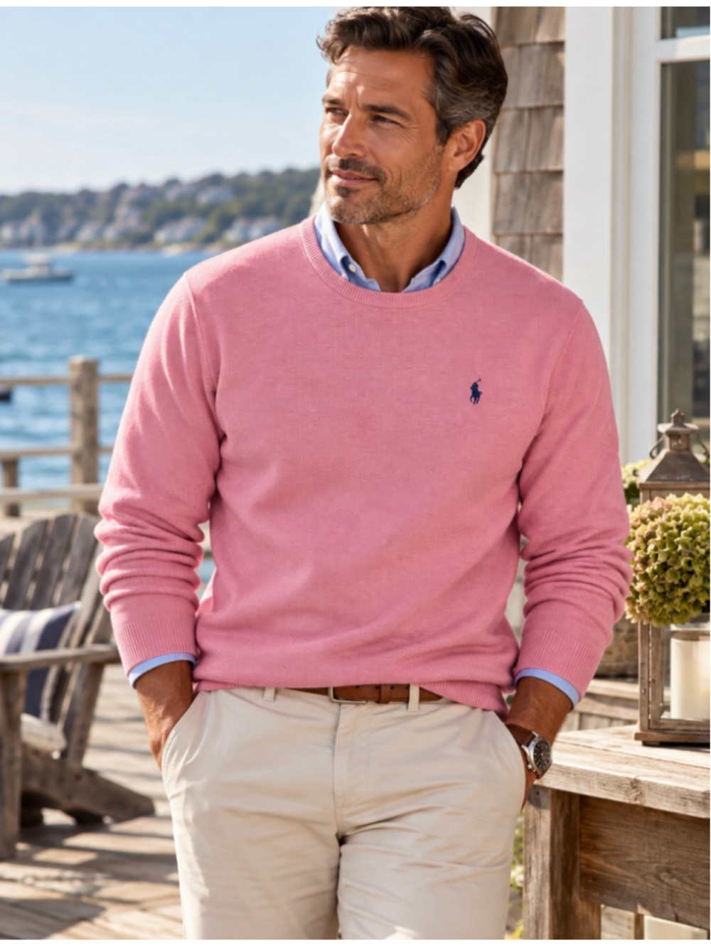 Polo Ralph Lauren Men’s XL Pink Pima Cotton Crewneck Sweater Navy Pony